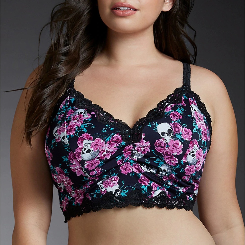 FLORAL SKULL PRINT MICROFIBER & LACE RACERBACK BRA